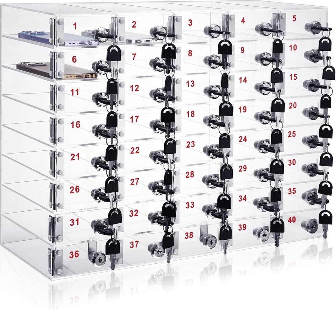 Layhit 40 Slots Cell Phone Locker Box for Classroom Clear Acrylic Cell Phone Storage Cabinet Bin with Door Locks for Classroom School Students Office Factory Employees