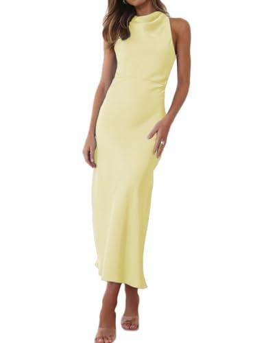 Halfisland Summer Satin High Neck Backless Sleeveless Midi Dresses for Women Elegant Mock Neck High Waist Cross Back Cocktail Dress Yellow M 