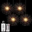 PXBNIUYA 4 Pack Starburst Sphere Lights,200 LED Firework Lights, 8 Modes Dimmable Remote Control Waterproof Hanging Fairy Light, Copper Wire Light for Patio Parties Christmas (Battery Operated) (4 pcs Warm White)