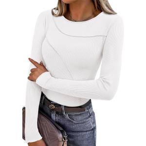 KIRUNDO Womens Tops Boat Neck Long Sleeve Ribbed Knit Slim Fit Stretch Shirts Workout Going Out Top Early Fall Fashion (White, XXL)