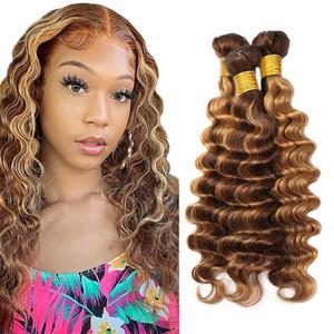 P4/27 Blonde Bundles Human Hair Deep Wave Bundles 16 16 16 Inch Unprocessed Brazilian Virgin Hair Highlight Brown Deep Wave 3 Bundle Human Hair Extensions 50 Gram Per Bundle