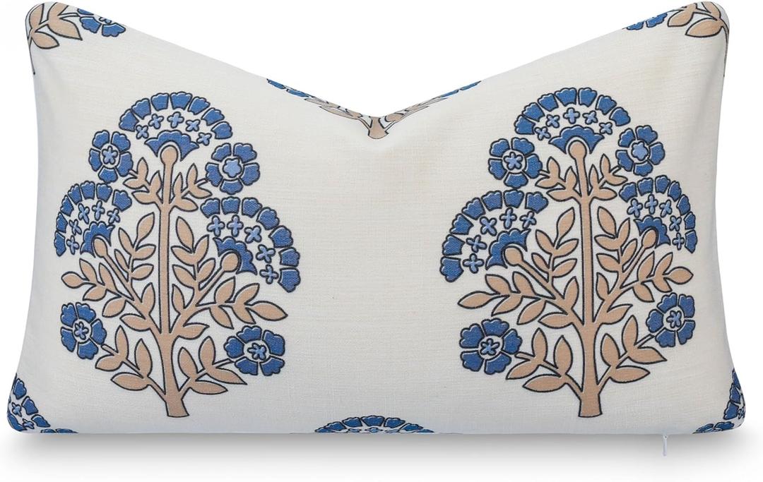 Crumbs Home California Casual Coastal Indoor Outdoor Lumbar Pillow Cover, 12"x20" Water Repellent for Patio, Backyard, Couch, Poolside, Earth Tone Tan Azure Blue Block Print Hydrangea Flowers