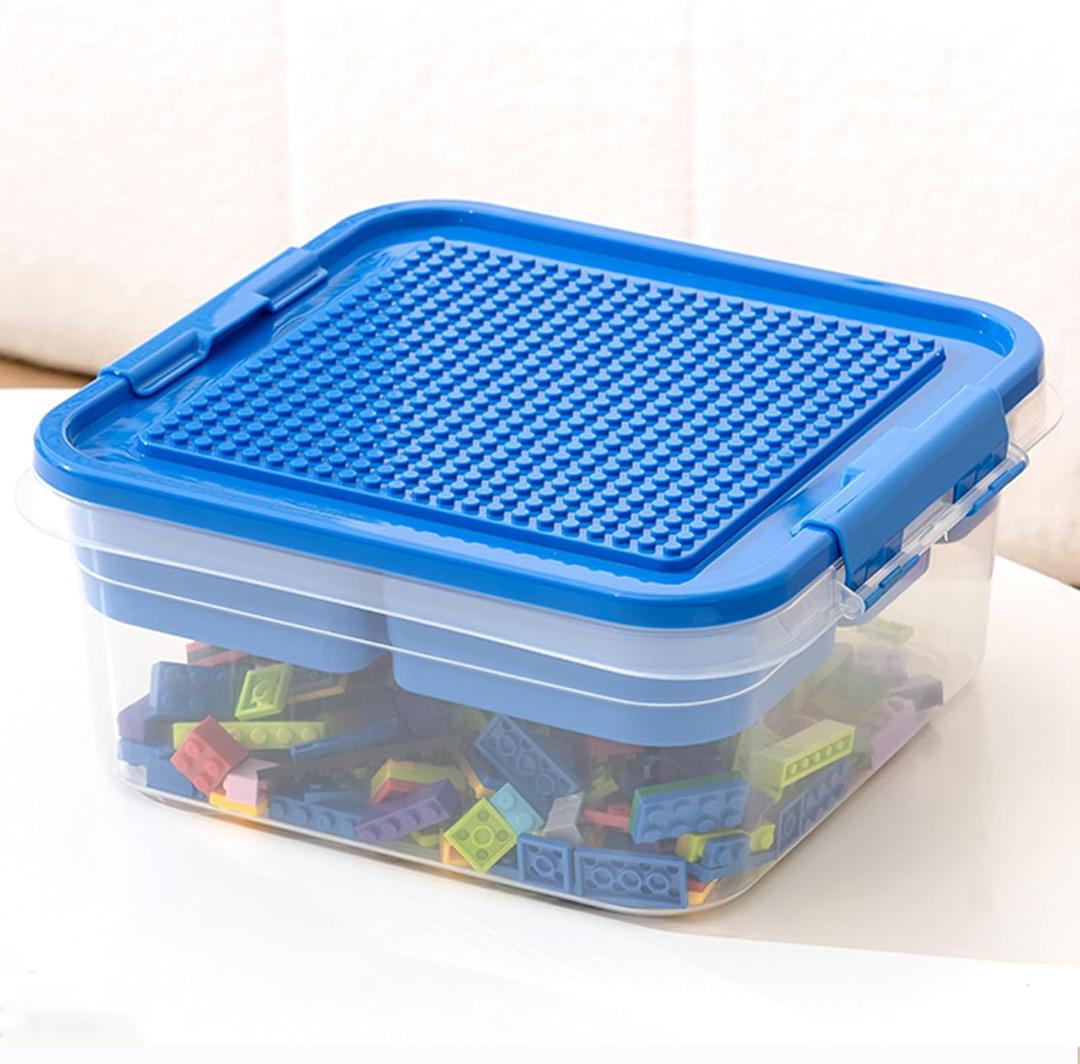 Storage Organizer Bins for Lego, Building Blocks Storage with Building Baseplate Lid, Storage Containers for Building Brick Storage Plastic Stackable Organizer Bin (Blue)