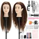 Mannequin Head with 90% Human Hair, 24" Female Real Hair Cosmetology Mannequin Head Hair Styling Manikin Head Doll Head for Hairdresser Practice Training with Clamp Holder and Tools (Brown)