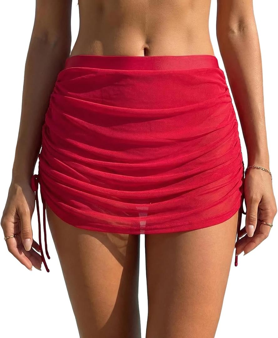 Leoparts Women’s Mesh Swim Skirt High Waisted Tummy Control Swimsuit Bottoms Ruched Drawstring Bathing Suit Bottom (Red, XL)