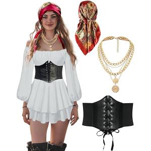 Women Pirate Costume Dress with Corset Accessories Long Sleeve Romper Short Off Shoulder Dress, size -S