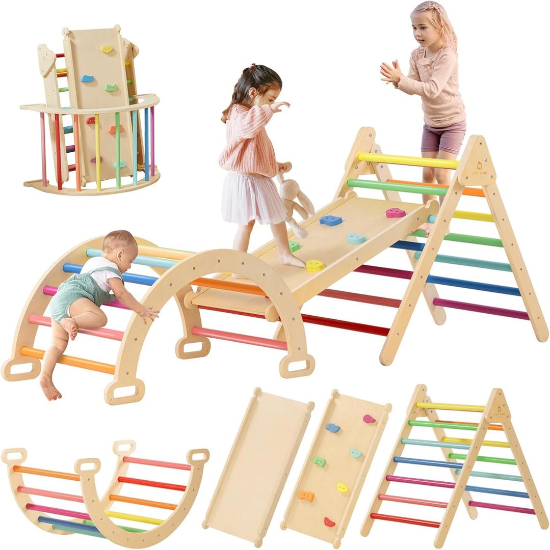 Tiny Land Pikler Triangle Set, 7-in-1 Foldable Pikler Triangle Climbing Toys Set for Kids,Baby Indoor Playground Jungle Gym, Wooden Montessori Climbing Set for Toddler (Rainbow) (Standard)