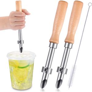 Lasnten 2 Pack Straw Puncher for Plastic Lids Lemonade Cup Stainless Steel Straw Hole Puncher with Wooden Handle Punching Tools for Lemonade Stand Supplies