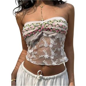 SweatyRocks Women's Floral Embroidery Mesh Strapless Tube Top Sleeveless Crop Tops (White, S)