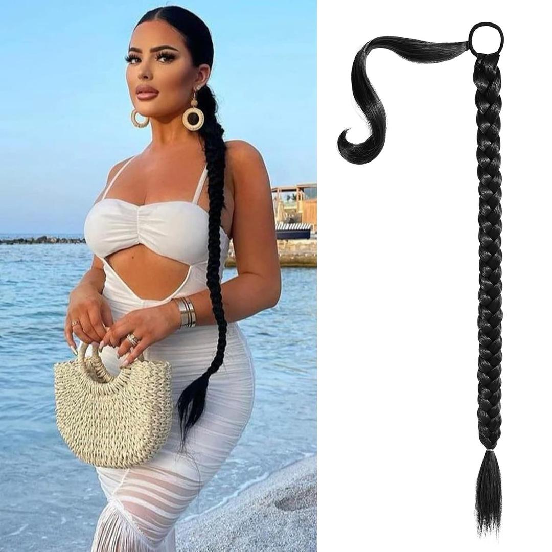 Long Braid Ponytail Extension with Elastic Tie Straight Sleek Wrap Around Braid Hair Extensions Ponytail Natural Soft Synthetic Hairpiece Black 34 Inch (After Braided 30 Inch)