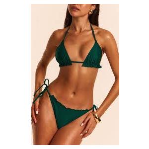 SWIMLANCE Women Triangle Halter Thong Bikini Set Ruffle Sexy String Two Piece Swimsuit Bathing Swimwear, Small