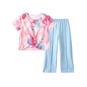 Fdqin Girls Summer Outfits 2 Piece Fashion Twist Front Short Sleeve Top and Wide Leg Pants Clothing Sets Tie Dye 4-5 Years