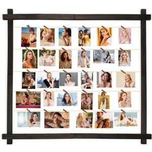 Wood Picture Frames Collage, Photo Display With 30 Clips, Hanging Picture Board Wall Decor for Dorm Graduation Letter Postcard Greeting Card Organizer, Pine, Adjustable Bead String,3 Pack (Black Walnut)