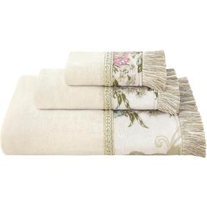 Loom and Mill Luxury Cotton Bath Towel Set 3 Piece-1 Bath Towel 1 Hand Towel 1 Wash Cloth, Ultra Soft Decorative Towel Sets Highly Absorbent for Bathroom, Elegant Floral Design(Ivory-Pearly Beige)