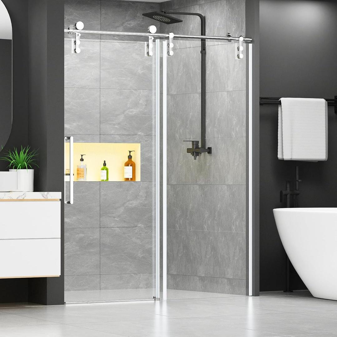 Chabatree Shower Door 60" W x 76" H Frameless Sliding Shower Door,Frameless Shower Door with Sealing Strip and Waterproof Handle,5/16"(8mm) Clear Tempered Glass,Stainless Steel Hardware,Silvery