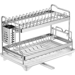 LIZWETEC Dish Drying Rack, Double Layered countertop Kitchen Organizer with Drainage Large Bowl Rack and Storage Rack with Drainage Board, Suitable for Kitchen Bars (Silver)
