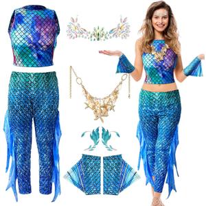 Leumoi 6 Pcs Mermaid Costume for Women summer Fish Scale Print Top Pants Gloves Starfish Pearl Necklace Set for Cosplay (M)