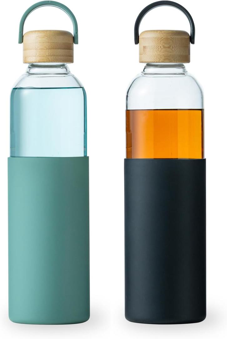 34oz Glass Water Bottles with Silicone Sleeve, BPA Free Water Bottle Glass with Leak-Proof Lid, Reusable Water Bottle for Hot & Cold, Ideal for Hiking Travel Gym office (GreenBlack)