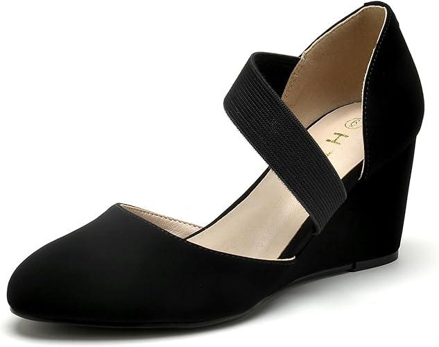 HTL Women's Elastic Closed Toe Black Suede Wedge Heel Pumps Dress Shoes for Women (Black Suede Size 7)
