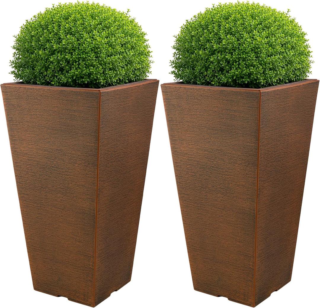 Large Outdoor Planters 2-Pack - 22.4-Inch Tall Planters for Outdoor Plants or Indoor Pots for Plants - Plastic Flower Pots for Patio, Entryway, or Front Porch Decor by Pure Garden (Bronze), 11.8 x 7.8 x 22.4