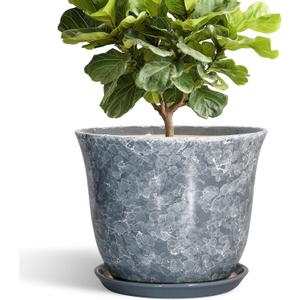 Ceramic Plant Pots - 12 Inch Plant Pot with Drainage Hole and Saucer, Round Planter for Indoor Outdoor, Modern Decorative Planters, Large Flower Pots, Home Decor, Housewarming Gifts, Grey