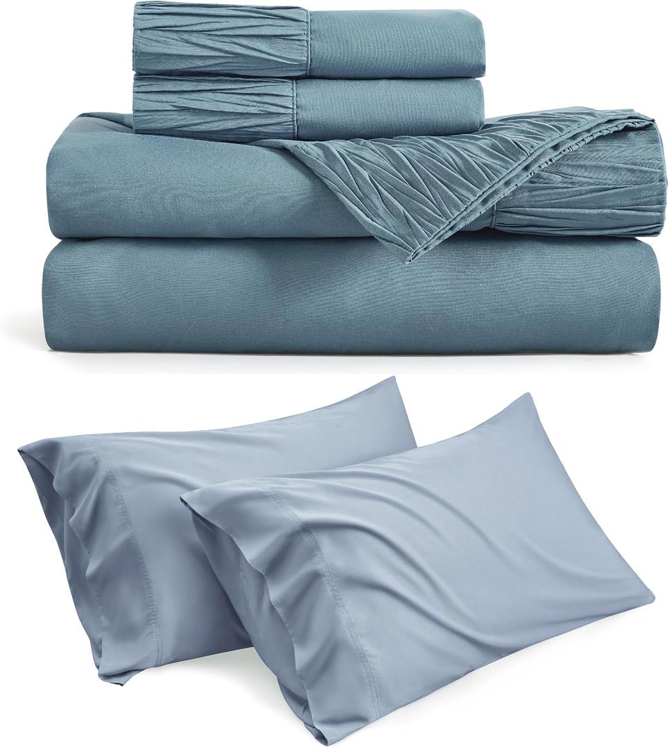 Bedsure Queen Sheet Set Mineral Blue Bundle Cooling Pillow Cases Queen Washed Blue