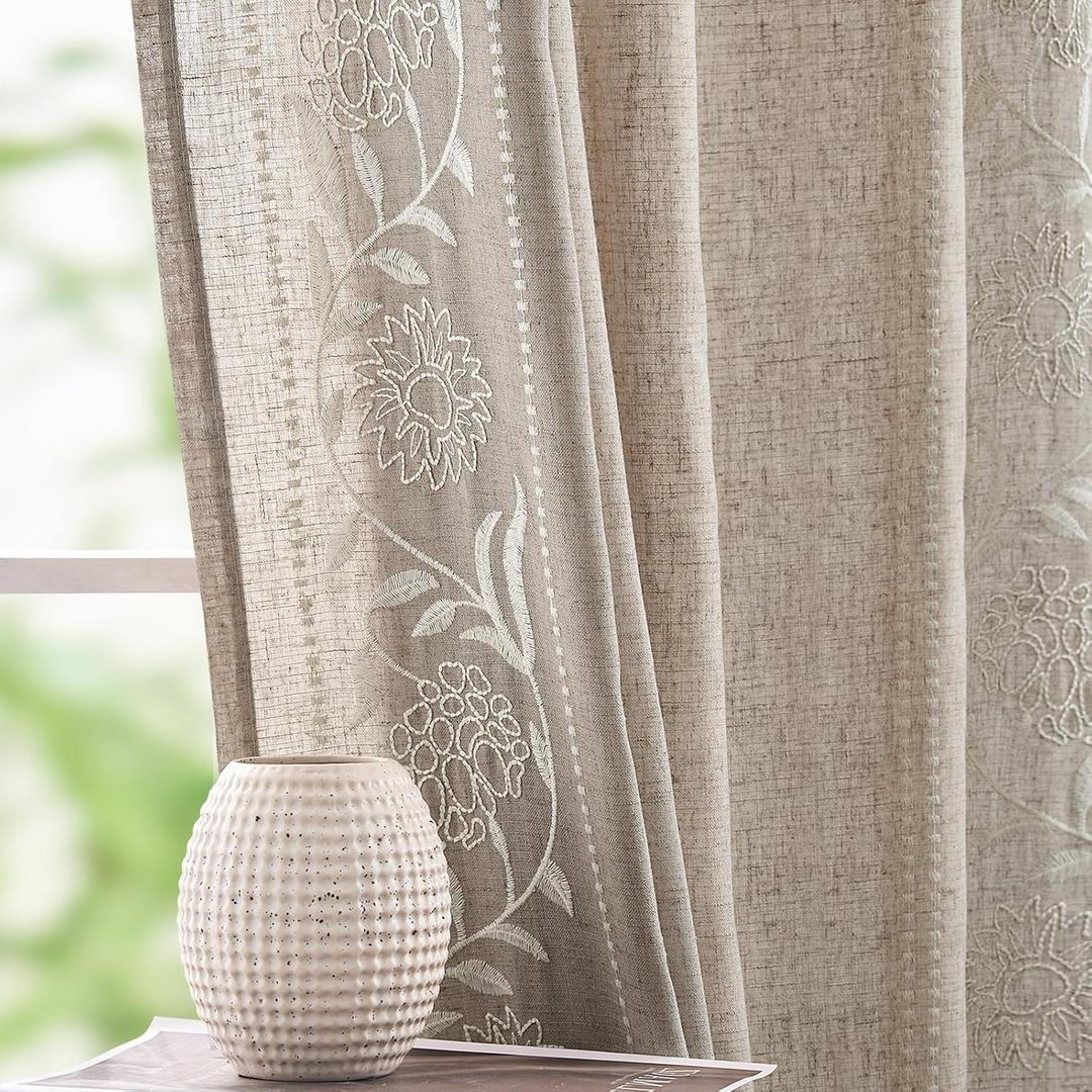 jinchan Winslow Linen Curtains for Bedroom 63 Inches Length Embroidered Bordered Floral Curtains for Living Room Farmhouse Decor Light Filtering Window Treatments Ivory on Taupe Drapes 2 Panels, 50"W x 63"L