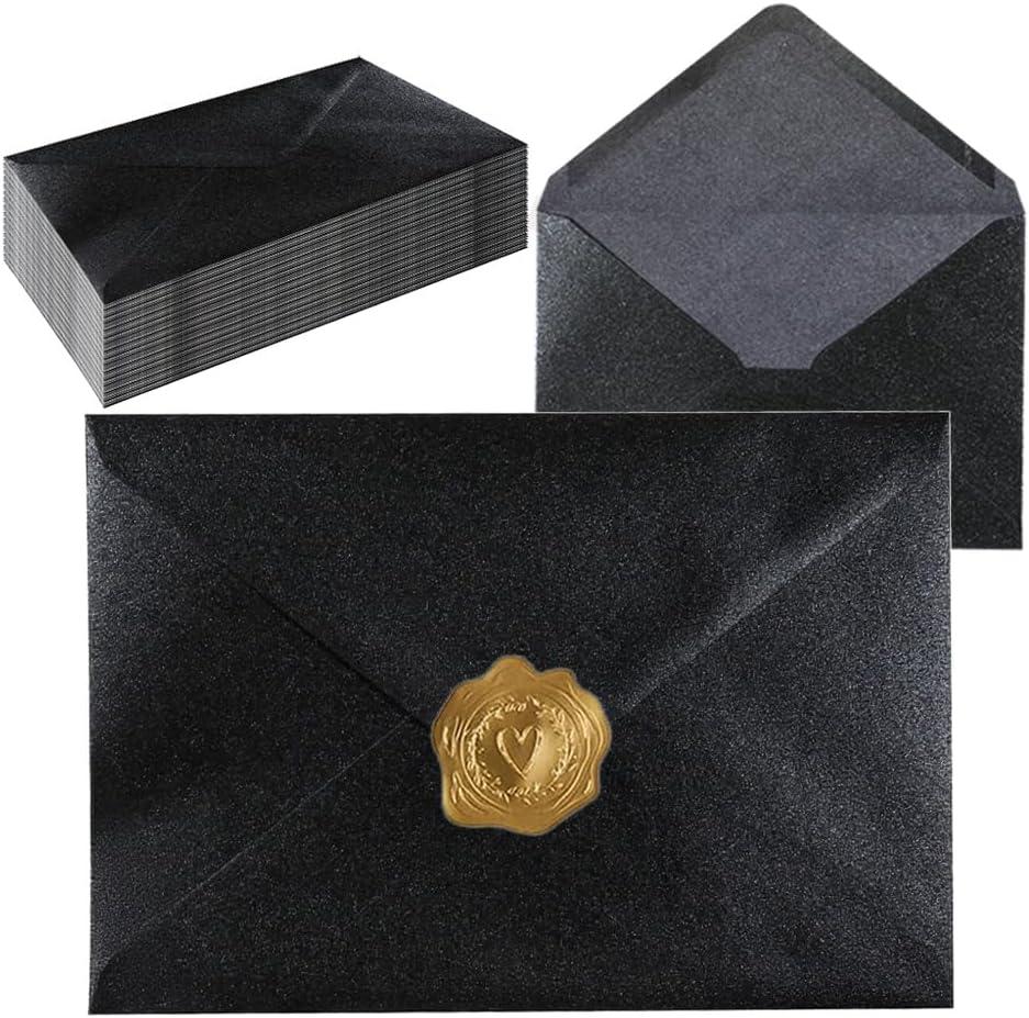 A7 Self-Sealing Black Envelopes 50 Pcs - 5x7 Inches (5.317.67in) Premium 120g Pearl Glitter Paper - Printable & Writable for Wedding, Party Invitations - Includes Gold Sealing Stickers
