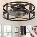 Passky 20" Farmhouse Flush Mount Ceiling Fans with Lights and Remote, Industrial Black Caged Low Profile Fandelier, 6 Speeds Bladeless Ceiling Fan for Bedroom, Kitchen, Living Room