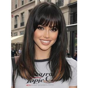 AISI HAIR (Beginner Friendly Wigs) Dark Brown with Blonde Highlights Wig with Bangs for Women, Middle Length Natural Layered Straight Wig for Daily Party