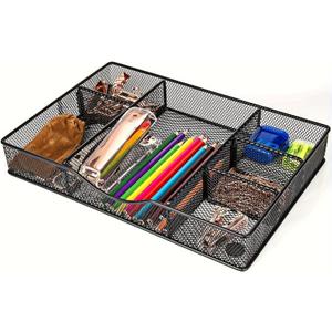 Desk Drawer Organizer Tray, Metal Mesh Drawer Organizers Office, 6 Adjustable Compartment, Desk Organizer Tray for Home Office 12.87L x 8.73D x 1.96H inch, Black, 1PC Medium