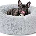 Dog Bed Calming Beds for Small Medium Dogs - Round Donut Washable Dog Bed, Anti-Slip Faux Fur Fluffy Donut Cuddler Anxiety Cat Bed(Light Grey 24")