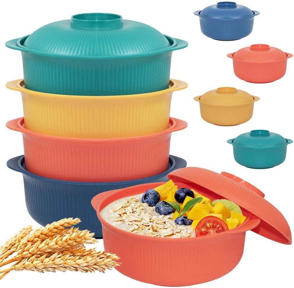 4pcs Unbreakable Cereal Bowls- Microwave & Dishwasher Safe BPA-Free Plastic Striped Pot Bowls for Family, Kids, Camping - Non-Slip, Eco Wheat Straw Soup Bowls (40oz)