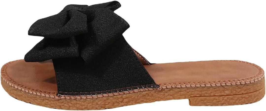 GORGLITTER Women's Bow Knot Flat Sandals Open Toe Slip On Slide Slipper Single Band Flats (9.5, Black)