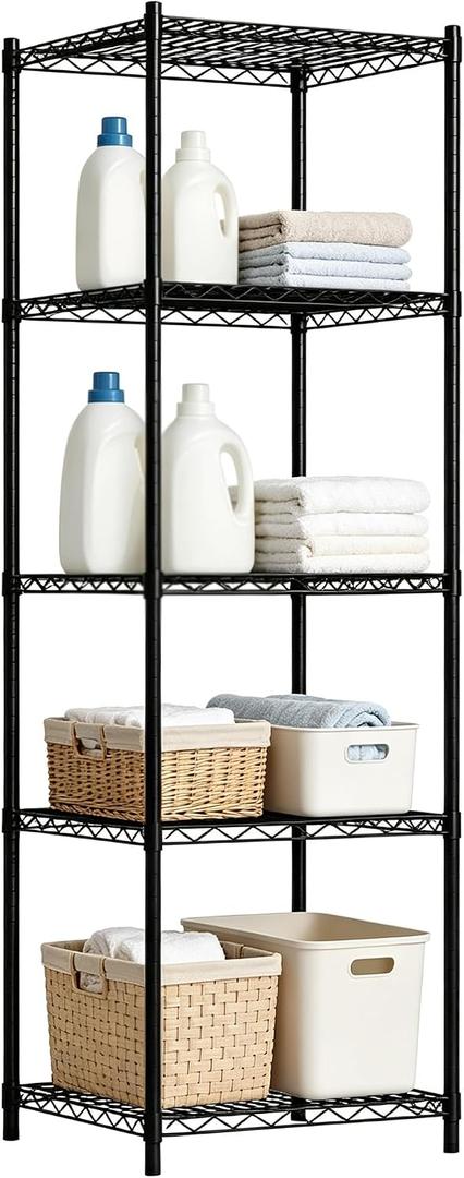 Wire Storage Standing Shelf Rack Tower, Corner Metal Shelving Unit with Adjustable Shelves, Space-Saving Organizer for Garage, Kitchen, Bathroom, 18 * 18 Inch, 5 Tier 18 Inch Width