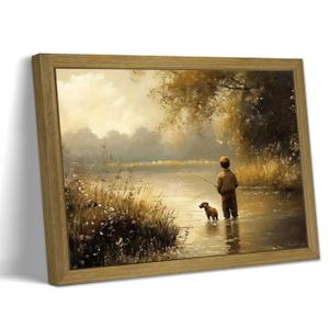 Framed Vintage Landscape Wall Art, Boy Fishing Canvas Wall Decor painting, Vintage Country Farmhouse Artwork Print Poster for Boy Room Bedroom Living Room Nursery Decor 8x10 Inch