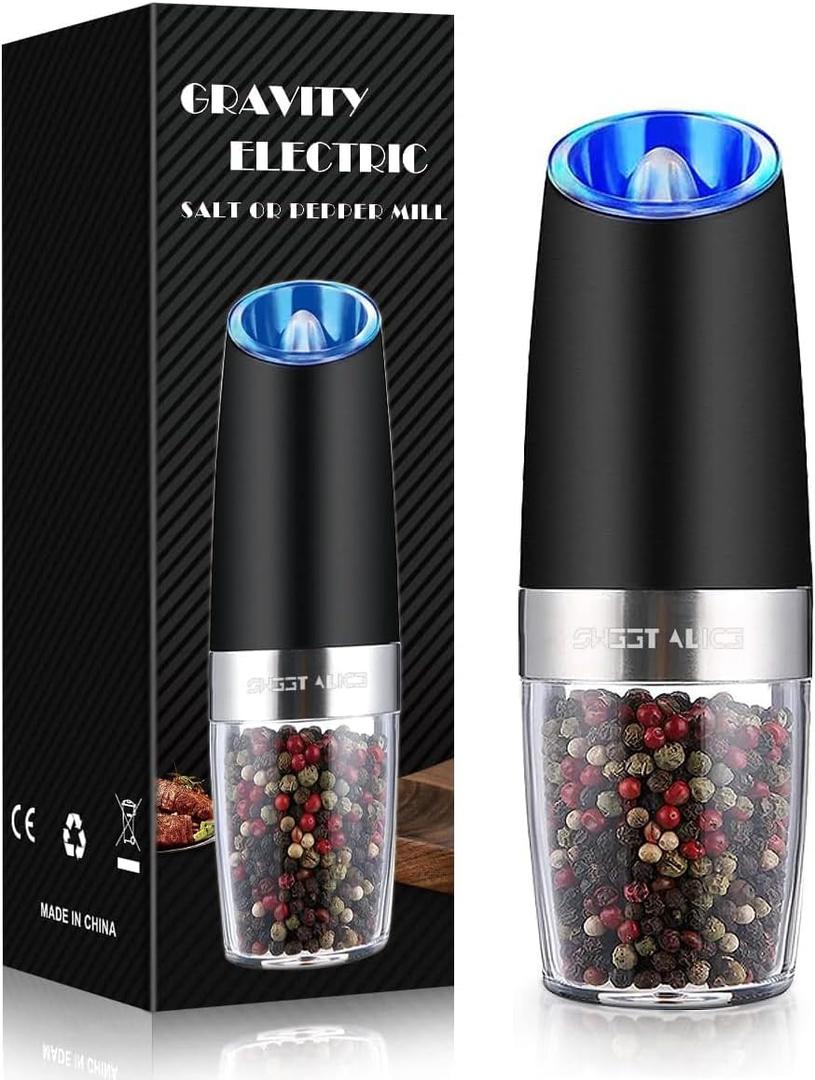 Sweet Alice Gravity Electric Pepper/Salt Grinder, Salt or Pepper Mill & Adjustable Coarseness, Battery Powered with LED Light, One Hand Automatic Operation, Stainless Steel (Single/Black) (2.5*2.5*7.9inch)