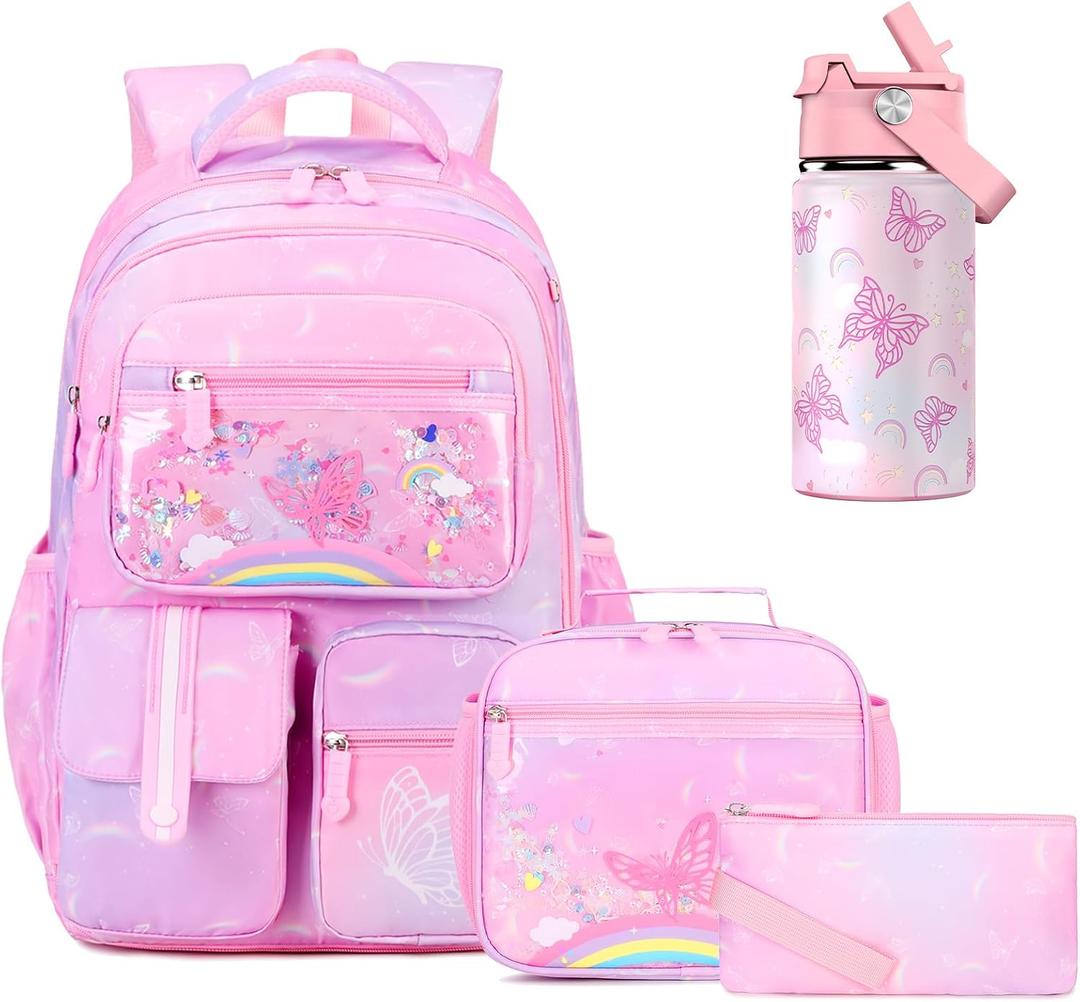 ACESAK Kids School Backpack for Girls, Rainbow Bookbag Backpack with 14OZ Water Bottle, Lunch Bag Set for GirlsTeens Middle Student, Girls Backpacks for School (Pink), Large