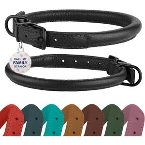 Rolled Leather Dog Collar Soft Round Design Prevents Tangling & Matting with ID Tag for Small, Medium & Large Dogs (14-17 inch, Black Midnight & Black Buckle)