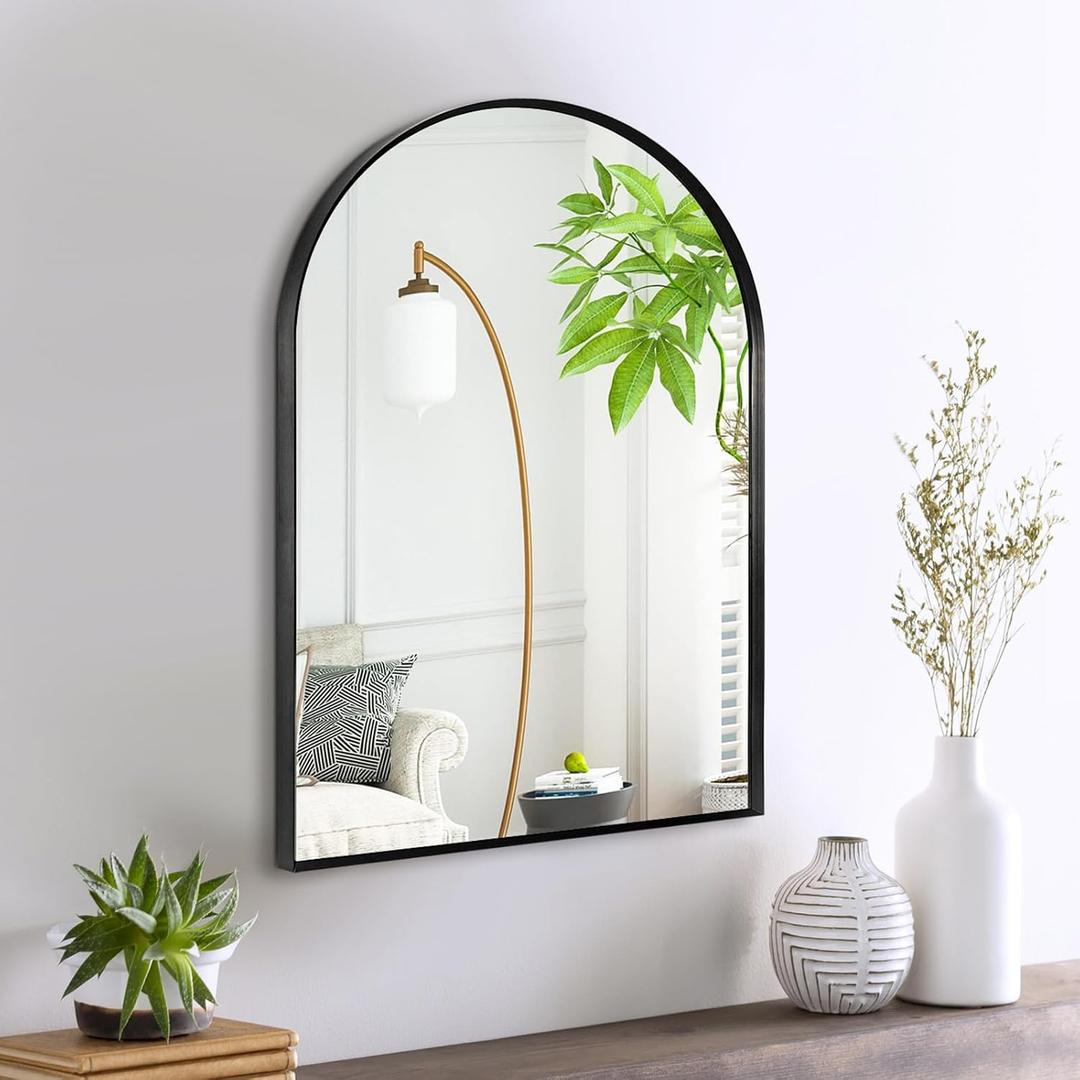 16" x 20" Black Arched Mirror, Arch Bathroom Wall Mirror, Metal Frame Arched Top Bathroom Vanity Mirror for Living Room, Bedroom, Entryway, Tempered Glass, Shatter Proof