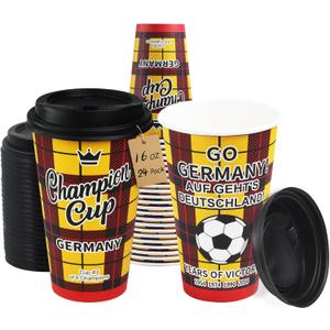 16 oz Champion Cup A Salute To Germany, 4-Time World Soccer Champion, 24 Sets Disposable Paper Party Cups with Lids for Fan Event Decorations Game-Day Festival, AUF GEHT'S DEUTSCHLAND 2026