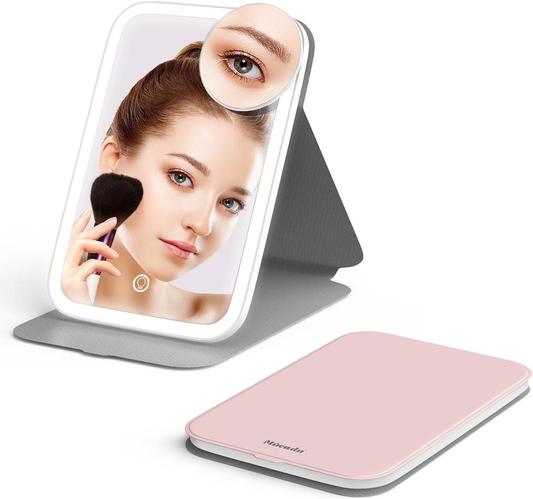 Mocado Travel Makeup Mirro with Lights, 360 Rotation Lighted Makeup Mirror, Portable Mirror with 10x Magnification, 60LEDs 3 Color Lightings, Dimmable Touch Screen, Tabletop Light up(Pink)