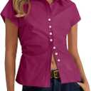 Cicy Bell Womens Summer Button Down Shirts Short Sleeve Petite Blouses Tops | Slim Fit, Casual Dressy, Ruched, Going Out (Purple, S)
