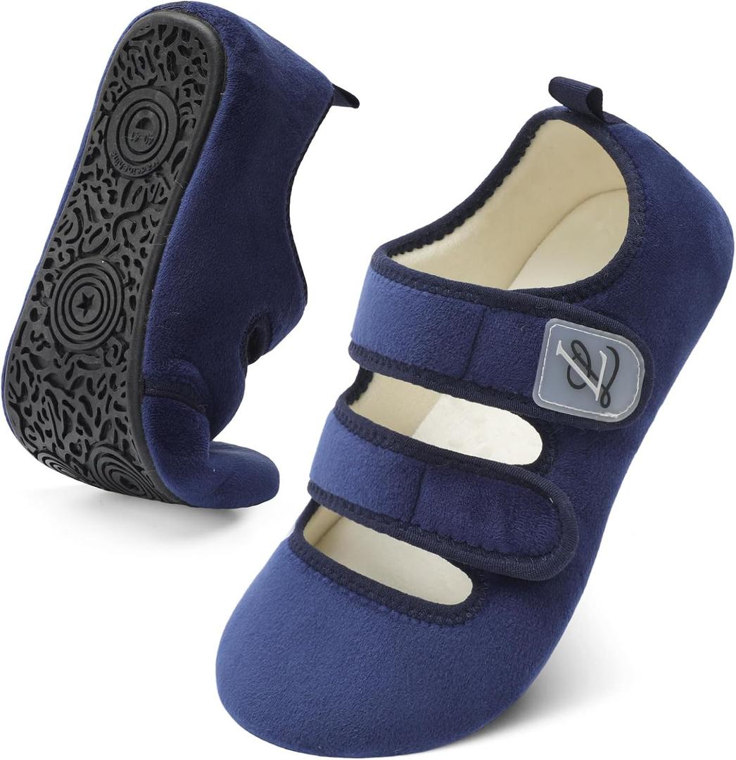 LeIsfIt Womens Slippers Adjustable Diabetic Slippers Wide Soft Arthritis Edema House Shoes Warm Fuzzy Slipper Socks with Rubber Sole (10.5-11, Navy)