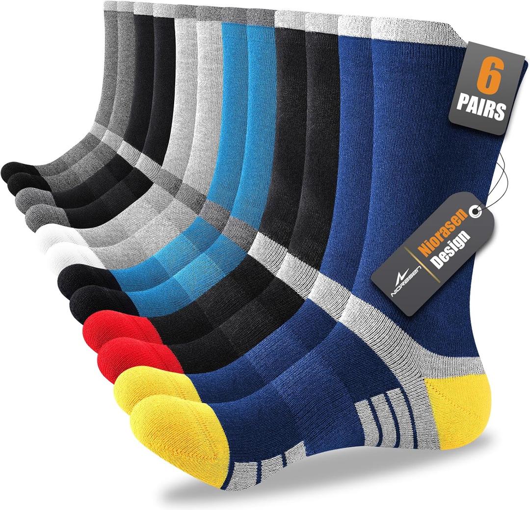 Niorasen 6 Pairs Men's Cotton Crew Work Boot Socks, Moisture Athletic Sports Socks for Hiking Running Workout (9-12, Multicolor)