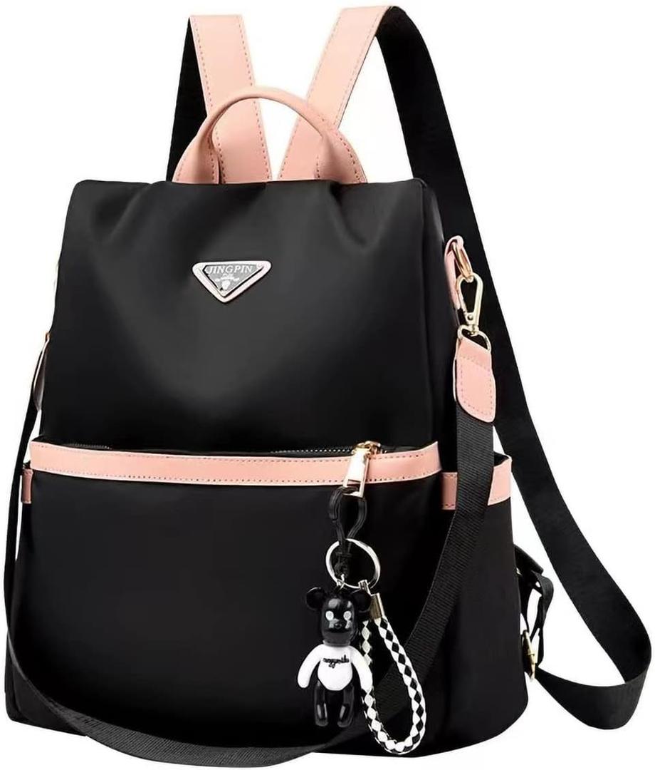 go-done Small Nylon Women Backpack Purse Anti-theft Fashion Travel Shoulder Bag,Ladies Single Shoulder Bag,Mini Backpack (Black-pink)