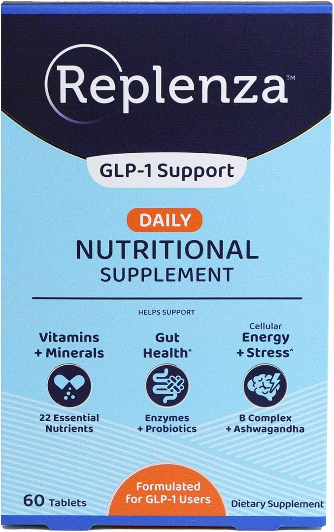 Replenza Daily GLP-1 Nutritional Support Supplement, Essential Vitamins and Minerals, Support for Gut Health, Stress and Cellular Energy 60 Tablets, Best Before: 11/2026
