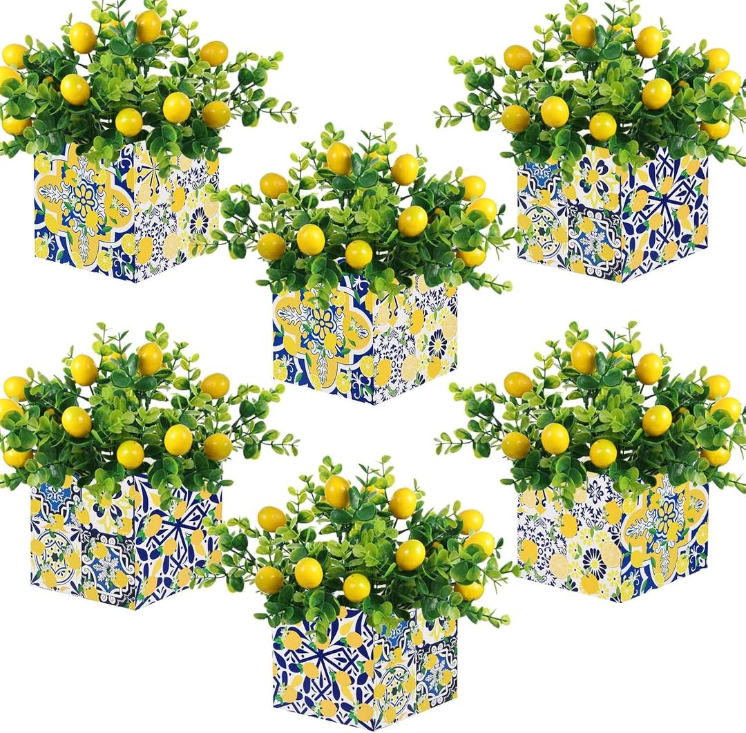 6 Sets Blue Tiles Lemon Table Centerpiece Decor Box and Artificial Lemon Branches Amalfi Coast Capri Positano Lemon Party Supplies for Capri Mediterranean Wedding Birthday Baby Shower Party Decor
