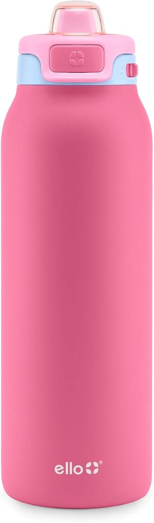 Ello Pop & Fill 32oz Stainless Steel Water Bottle with Quick Fill Technology, Double Walled and Vacuum Insulated Metal, Leak Proof Locking Lid, Sip and Chug, Reusable, BPA Free, Cherry Breeze