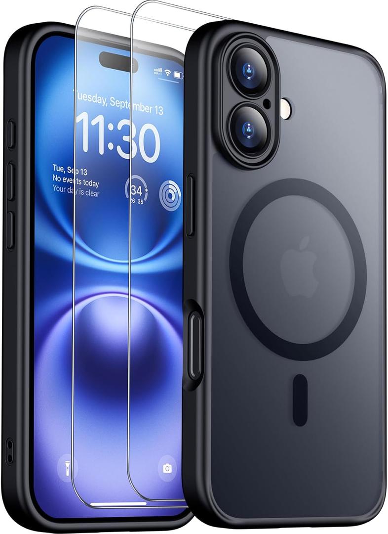 SPIDERCASE Magnetic for iPhone 16 Plus Case,with 2 Pcs [Tempered Glass Screen Protector] Translucent Matte Back Slim Shockproof Protective Phone Case for iPhone 16 Plus 6.7'',Black